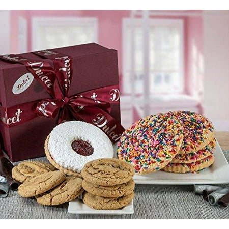 Assorted Celebration Cookie Lovers Gift Baskets by Dulcet Includes: Sprinkle Cookies, Linzer Tart, Peanut Butter Cookies, Chocolate Chip cookies, best cookie basket. Assorted