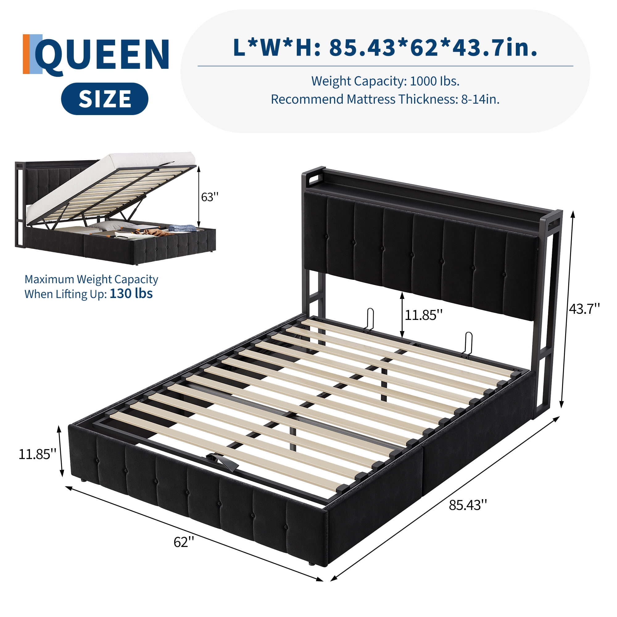 Kicctian Queen Size Lift-Up Storage Bed Frame, Upholstered Headboard with Hydraulic Support, Heavy-Duty Wood Slat Support, No Box Spring Required, Noise-Free, Easy Assembly, Black