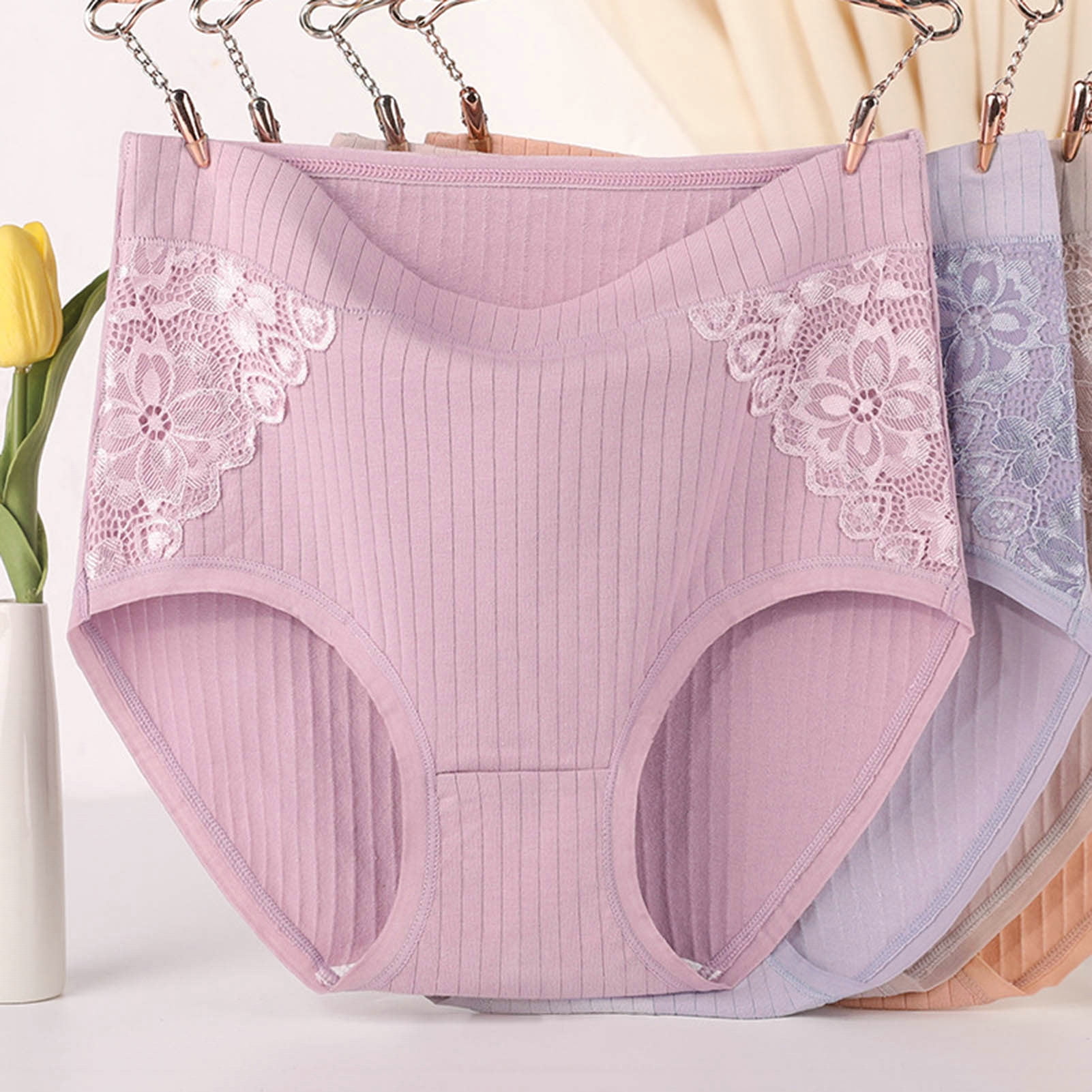 Riguas Women Underpants Plus Size Lace Patchwork High Waist Solid Color