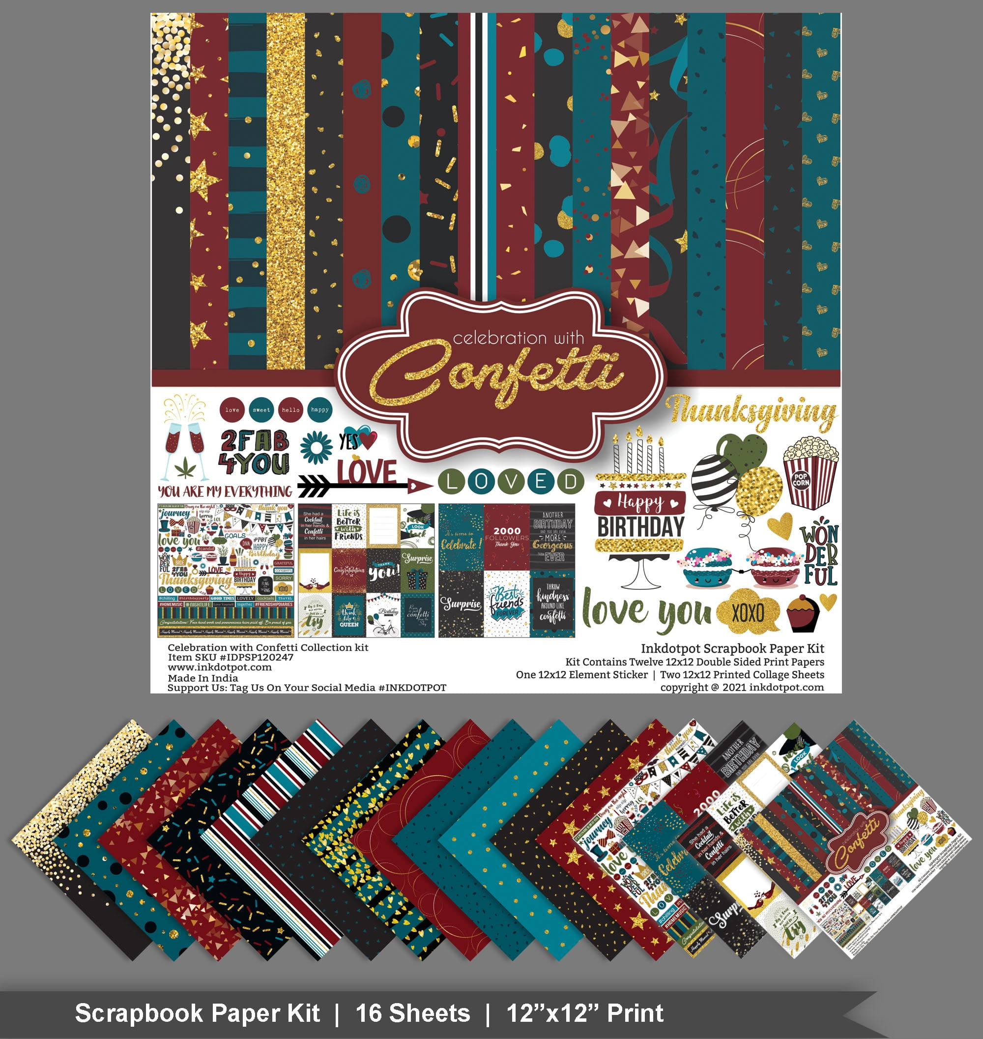 Inkdotpot Party Confetti Theme Collection Double-Sided Scrapbook Paper Kit Cardstock 12"x12" Card Making Paper Pack Of With Sticker Sheet - 16 Pages - Multicolor
