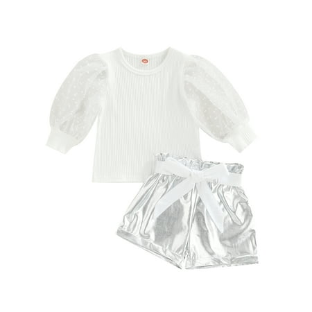 

18M-6Y Toddler Kid Girls Clothes Set Puff Sleeve T-shirt Pu Leather Shrots Outfits Chidlren Costumes