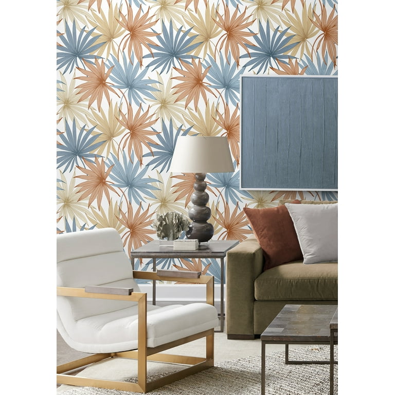 Lillian August Luxe Haven Tropic Palm Toss Peel and Stick Wallpaper 20.5 in  W x 18 ft. L - Charlotte Blue & Soft Melon