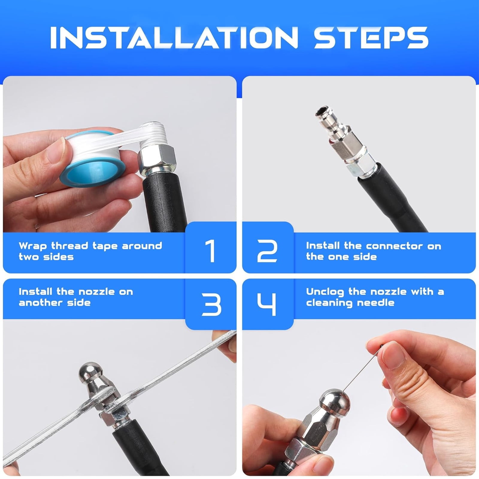 Sewer Jetter Kit for Pressure Washer 50 FT, Drain Cleaner Hose with Power Washer Gun, 1/4 Inch NPT Corner, Rotating and Button Nose Sewer Jetting Nozzle,Waterproof Tape, Pearl Corsage Pin, Spanner