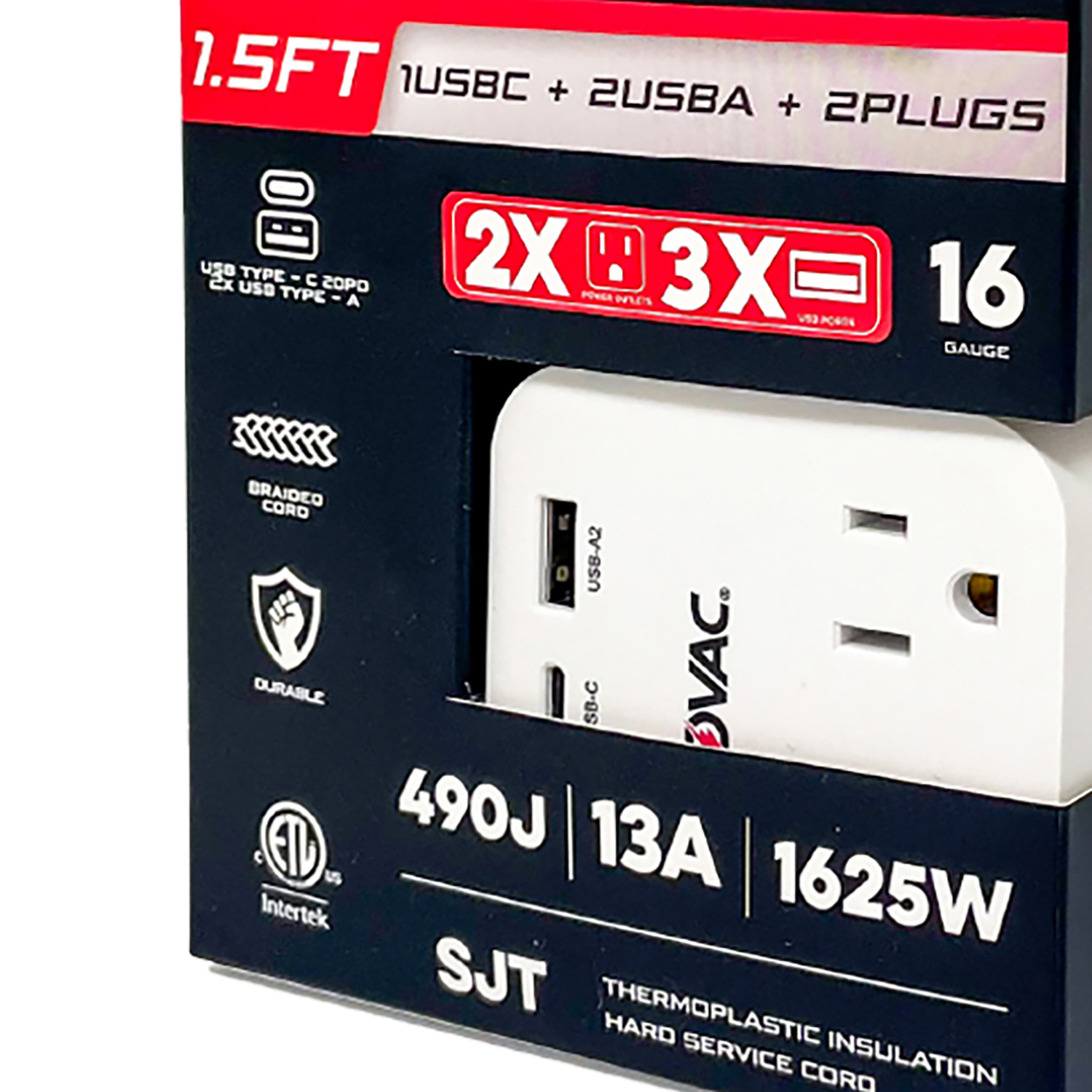 RAYOVAC FL-143SC Surge Protector w/ 2 Outlets and 3 USB Ports, 1.5-Ft. Cord