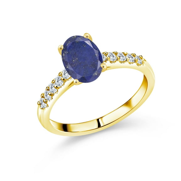 Gem Stone King 2.20 Ct Oval Blue Lapis E-F Lab Grown Diamond 10K Yellow Gold Ring (Size 9)