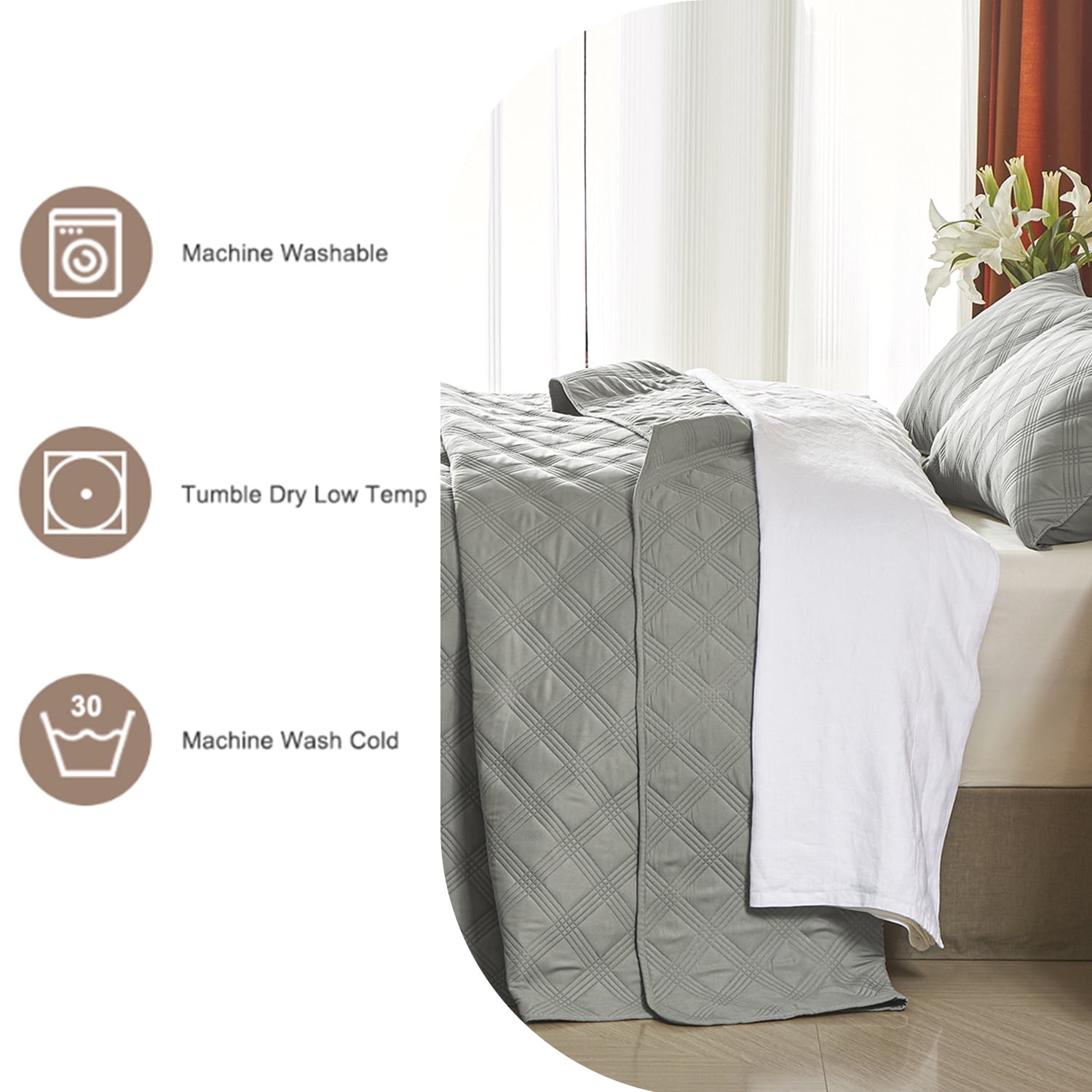 Davulos 3-Piece Thin Quilt King Size Gray Lightweight Bedding Quilt Sets Summer Bedspread Coverlet with 2 Pillow Shams