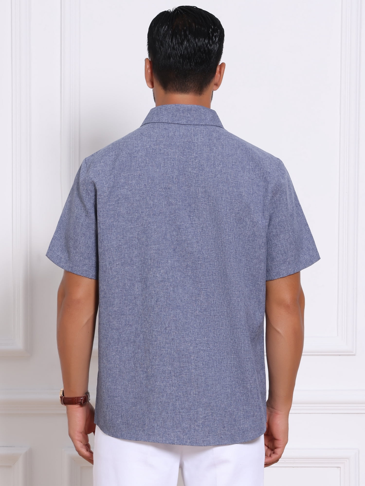 DARING DIVA Men's Plain Linen Short Sleeve Contrast Color Collar Shirts M Denim Blue