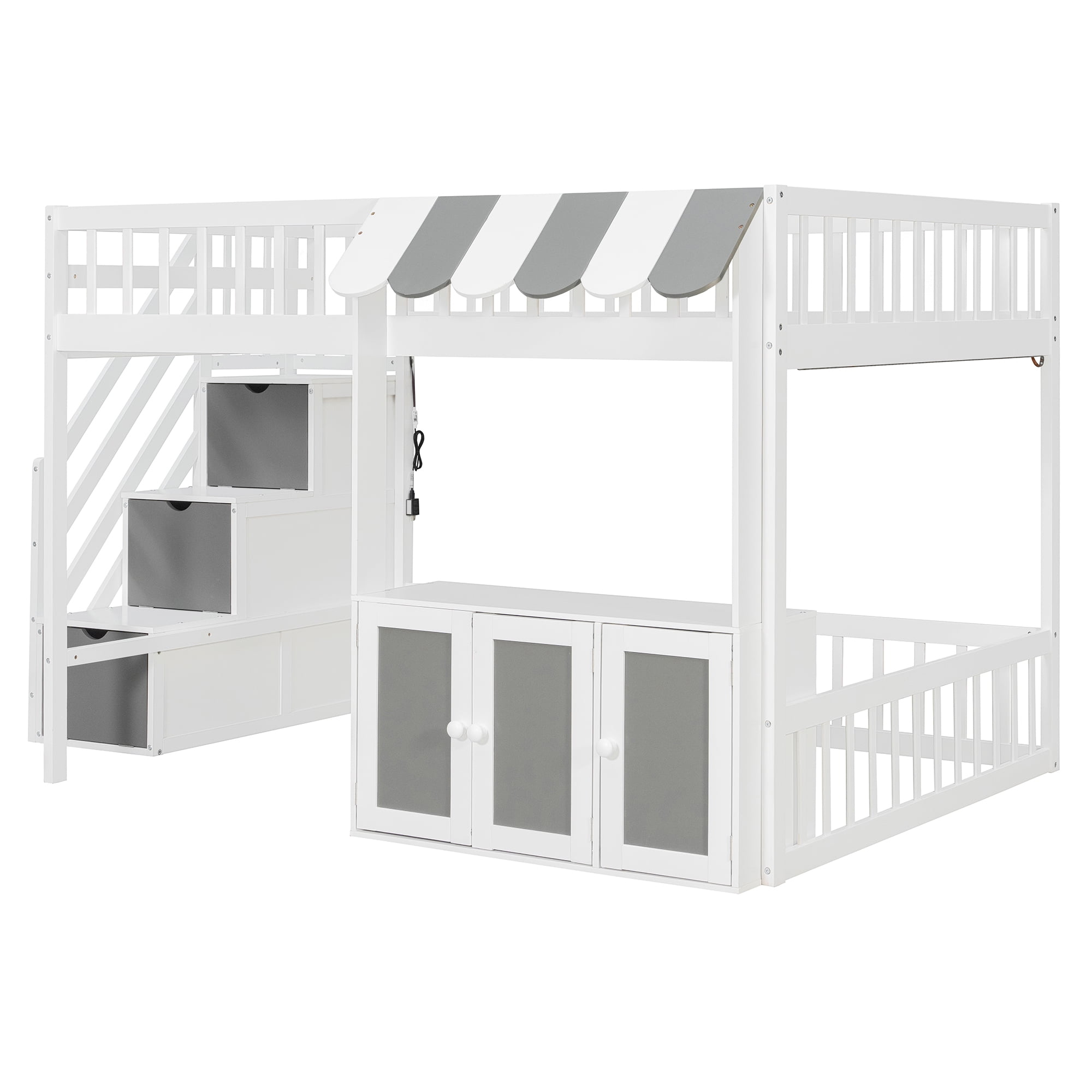 Mintazer Full Size Loft Bed with Play Storefront & LED Lights, Kids Loft Bed with Guardrail and Storage Staircase & Cabinet for Bedroom, White & Gray