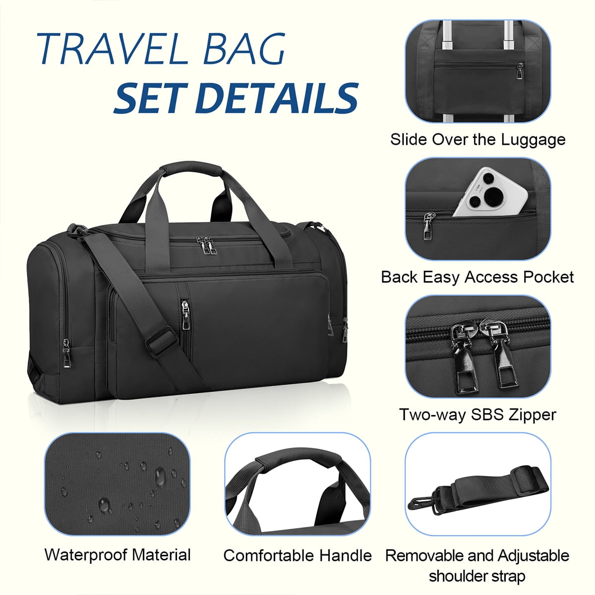 CshidWorld 40L Convertible Gym Bag Backpack with Shoe Compartment & Wet Pocket - Waterproof Travel Duffle Bag for Men & Women, Anti-Theft Carry On Weekender Overnight Bag - Black