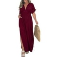 thumbnail image 1 of Fashnice Robe Longue Femme Col en V Été Plage Robe Manches Courtes Maxi Robes Aguichant Voyage Rouge Vin TG, 1 of 2