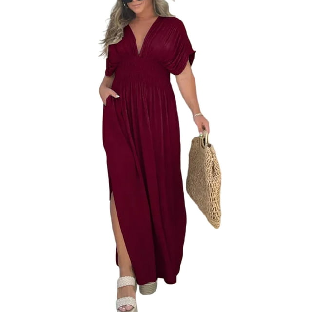 Fashnice Robe Longue Femme Col en V Été Plage Robe Manches Courtes Maxi Robes Aguichant Voyage Rouge Vin TG