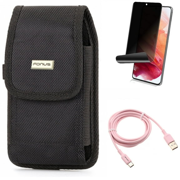 6ft USB-C Cable w Case Belt Clip w Privacy Screen Protector for Samsung Galaxy S21 Plus - Pink Charger Cord, Swivel Holster, TPU Film Fingerprint Works Accessory Bundle