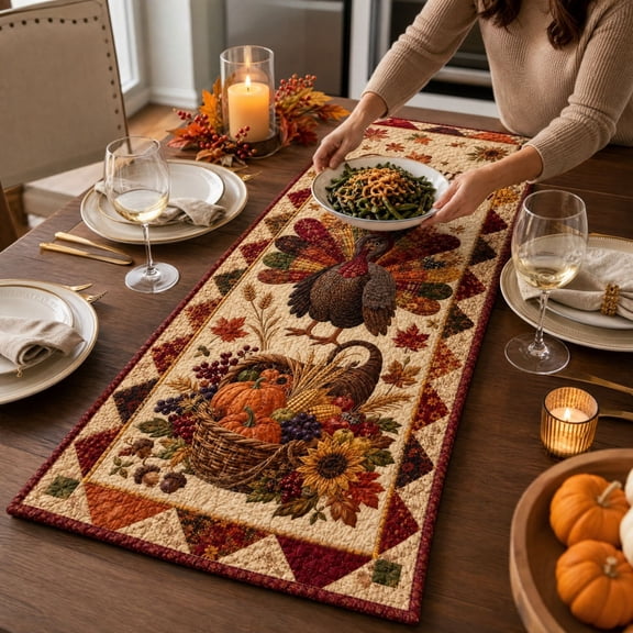 Aonerit Quilted Autumn Pattern Tablecloth, Printed Fall Dining Decor, Washable Thanksgiving Cover, Seasonal Living Room Party Table Accessory
