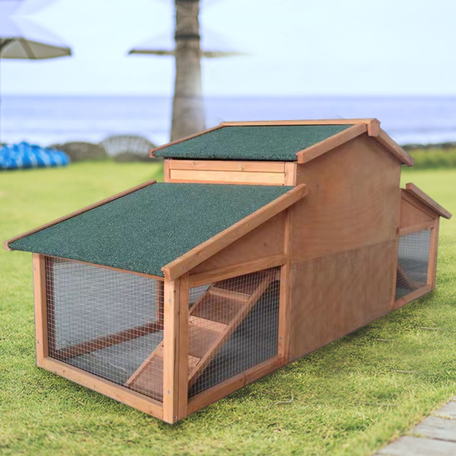Pefilos 70" Large Wooden Outdoor Rabbit Hutch Chicken Coop with Ramp, Weatherproof Roof, UV Resistant, Indoor Outdoor Double Layer Luxury Pet Cage, Natural Pefilos 70" Large Wooden Outdoor Rabbit Hutch Chicken Coop with Ramp, Weatherproof Roof, UV Resistant, Indoor Outdoor Double Layer Luxury Pet Cage, Natural