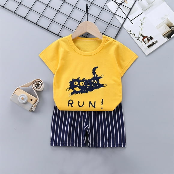 LSLJS Toddler Boy Clothes Baby Summer Outfit Cartoon Print Pattern Short Sleeve Round Neck Shirt Tops+ Shorts 2pcs Casual Suit, Summer Savings Clearance