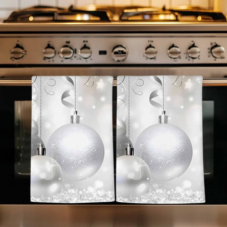 Christmas Kitchen Towels Set of 1 Xmas Silver Balls Glitter Sparkle Stars Absorbent Dish Towels for Kitchen Microfiber Hand Towel Quick Drying Tea Towel for Cleaning Decorative Dishcloths