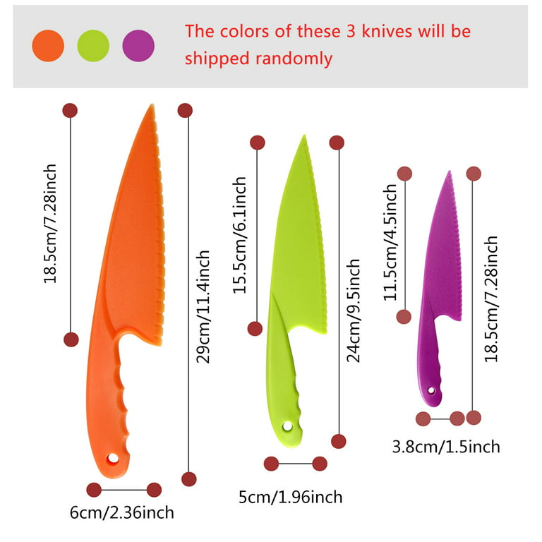 KitchenKids Kids Knife Set of 3 – Firm Grip, Serrated Edges & Safe –  Colorful Nylon Toddler Knife Set to Cut Fruits, Salad, Cake, Lettuce –  Kitchen Kids