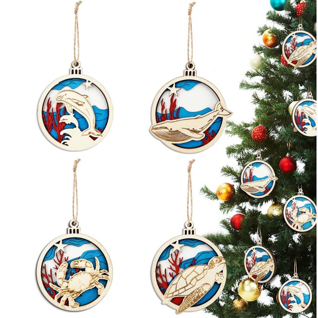 Xihbxyly Colgantes Navideños de Madera con Temática Marina, Diseño Ecológico y Resistente a La Decoloración, Decoración Navideña Versátil para Árbol, Mesa o Chimenea, Tamaño 10 X 10 Cm, Ideal Como Re