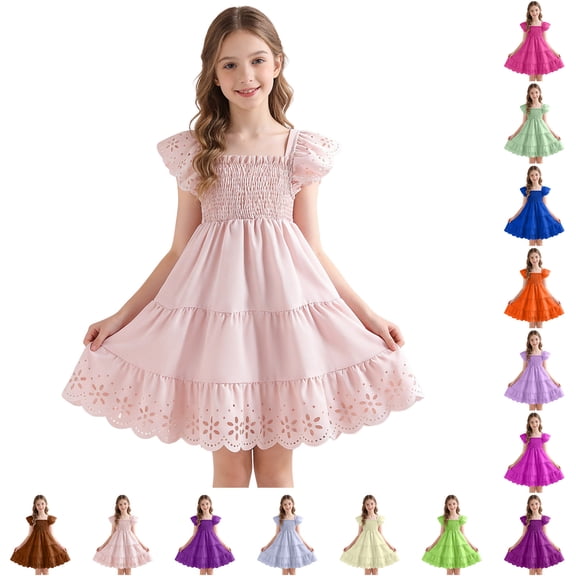 WUANDIXFA Toddler Girl Dress Summer Outfits Kids Ruffle Cap Puff Sleeves Boho Dresses Casual Sundress for Girls 2-8T (Brown, 3-4 Years)