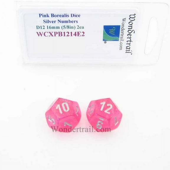 Pink Borealis Dice with Silver Numbers D12 Aprox 16mm (5/8in) Pack of 2 Wondertrail