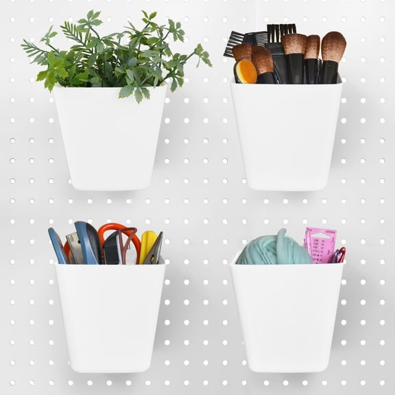 G.Core 4-Pack Large Pegboard Cups with Hooks, White Plastic Peg Board Wall Organizer Bins for Craft Room