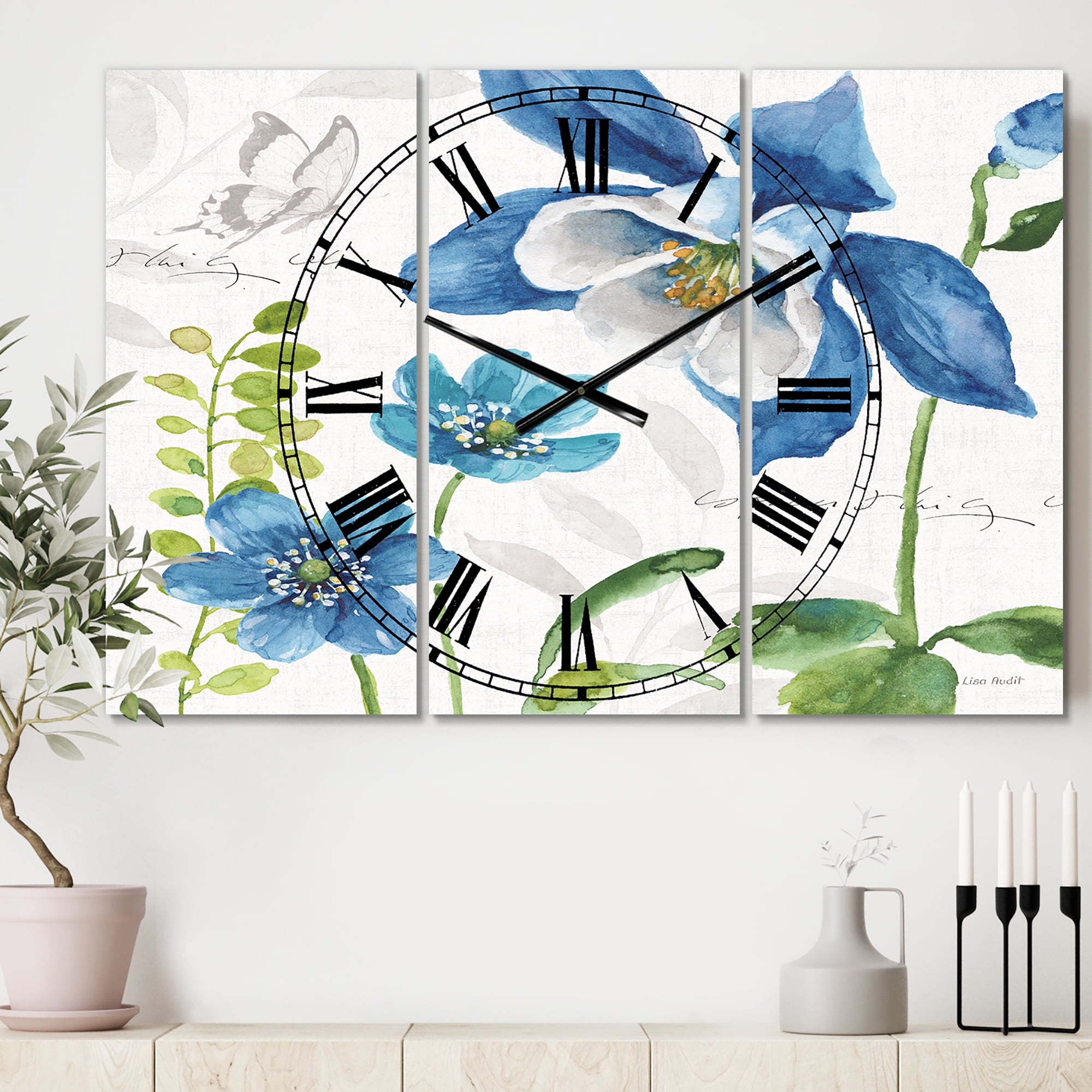 Designart 'Blue Columbine Flowers With Butterfly' Traditional Wall Clock