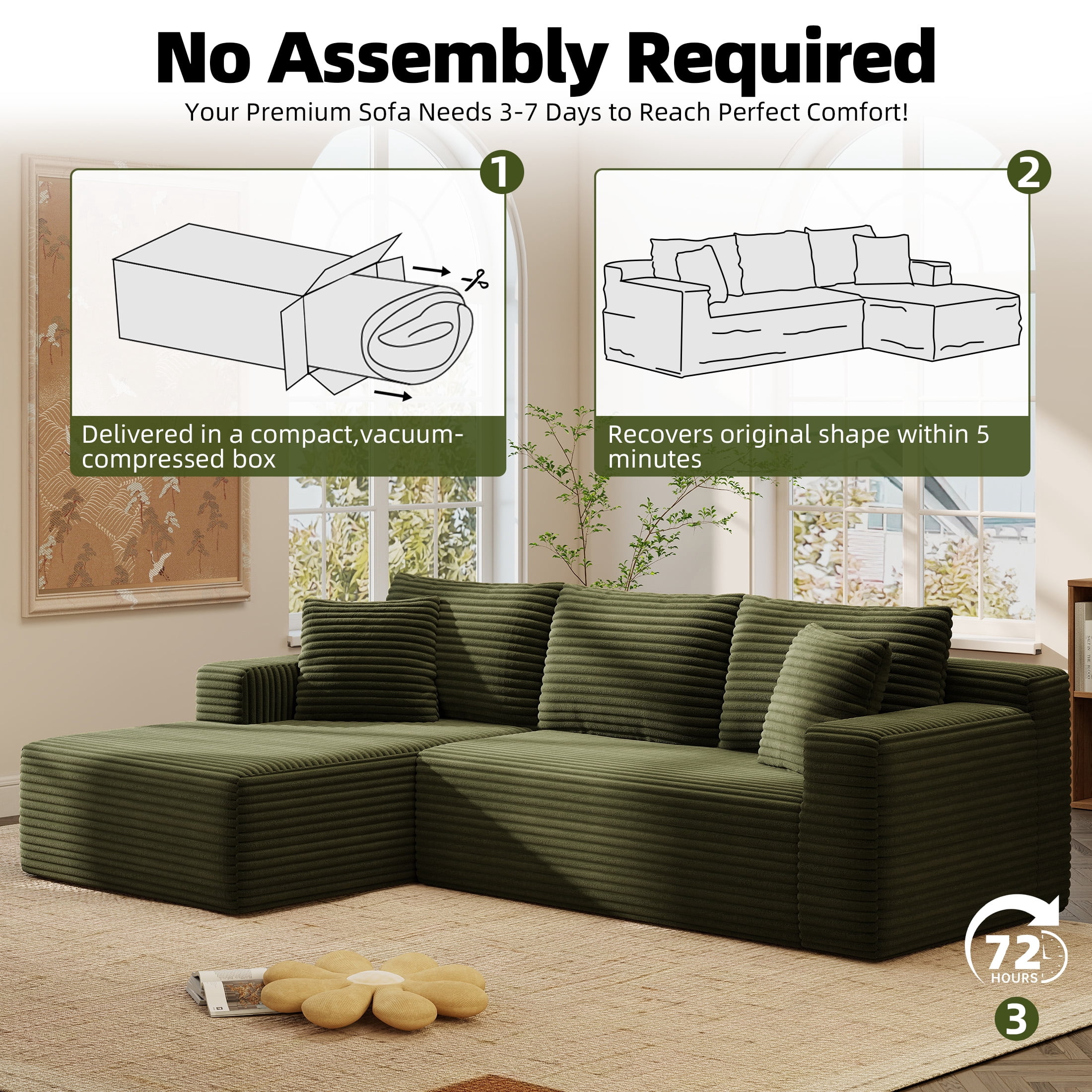 AENKYO 96” Cloud Modular Sectional Sofa with L-Shape Chaise, Deep Seat Corduroy Upholstered Couch, No Assembly Required, Green