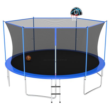 ACWARM HOME 14FT Outdoor Trampolines with Safety Enclosure and Basketball Hoop  Blue Trampoline with Net for Kids