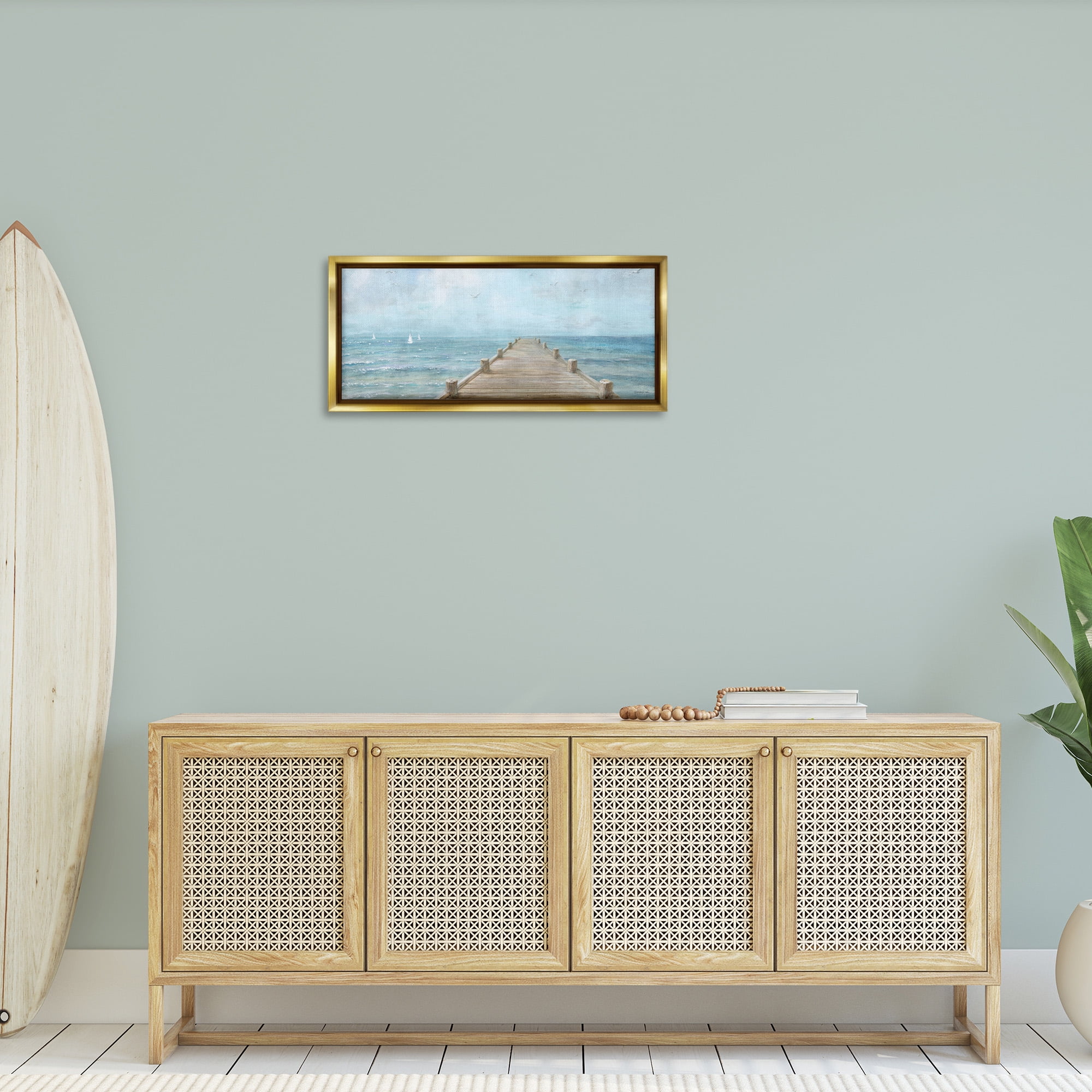 Stupell Industries Waterfront Pier Coastal Ocean View Nature Painting Gold Floater Framed Canvas Art Print Wall Art, 31 x 14