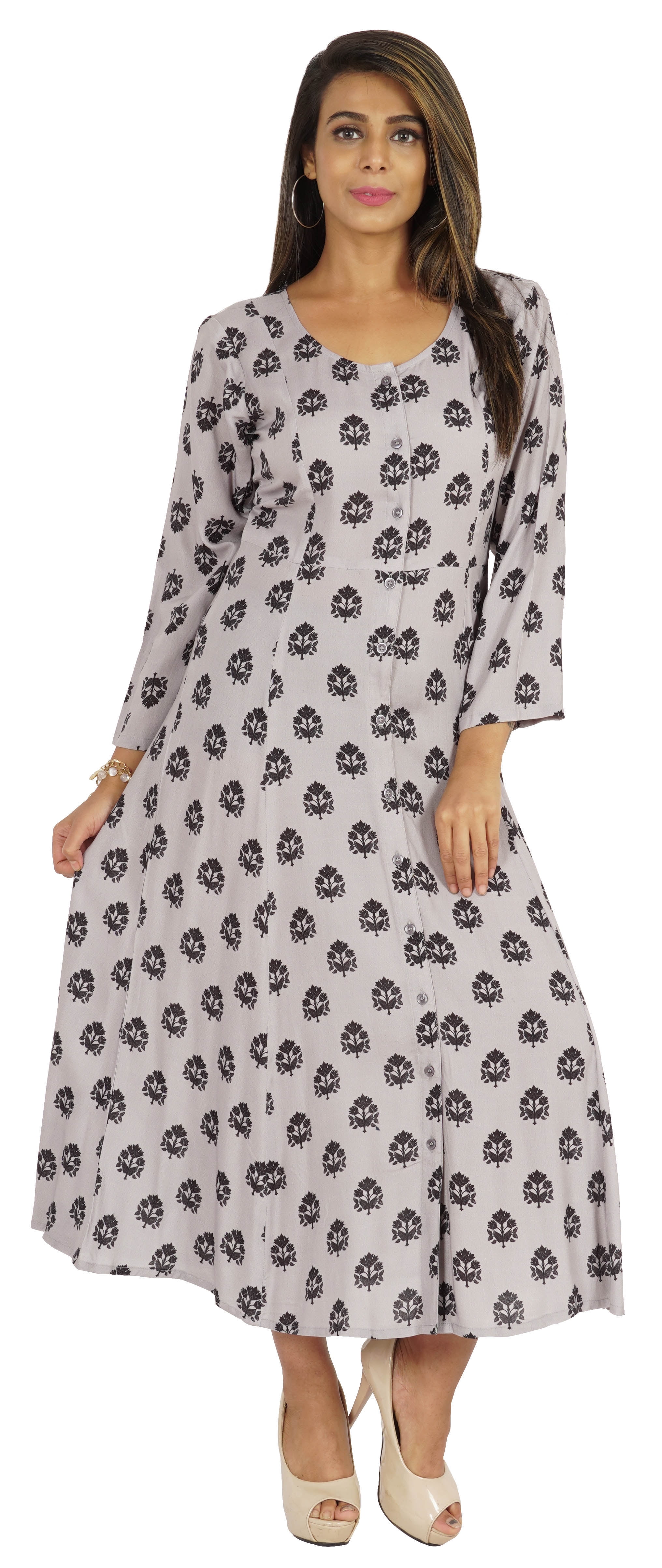 Bimba Printed Maxi Dress For Women Front Button Placket Ethnic Dress