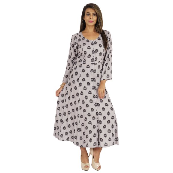 Bimba Printed Maxi Dress For Women Front Button Placket Ethnic Dress Casual Rayon Dresses