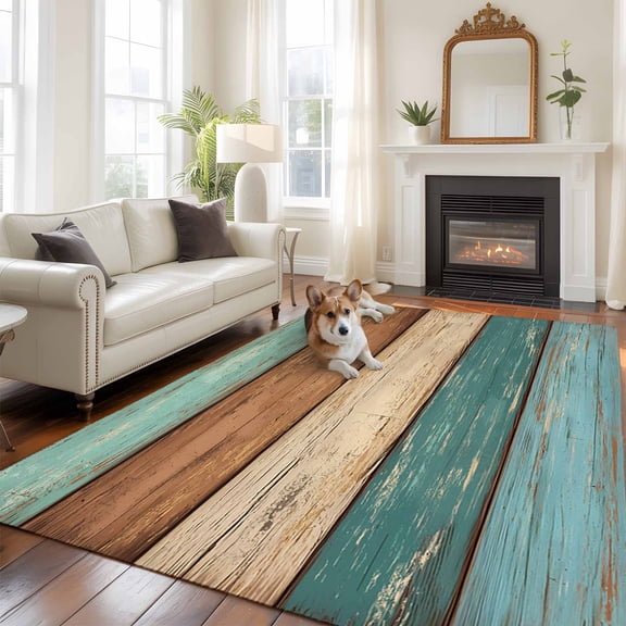 5'x8' Area Rugs, Farmhouse Teal Brown Indoor Outdoor Area Rug for Living Room Bedroom, Vintage Retro Wooden Washable Bathroom Rugs Kitchen Floor Carpet Mats Home Decor Aesthetic