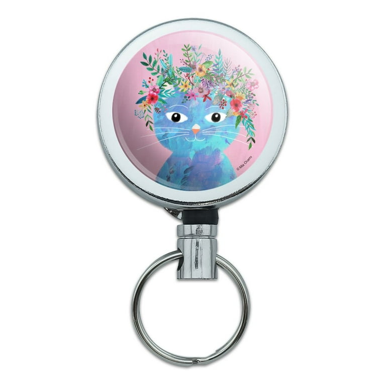 Blue Cat Flower Hat Heavy Duty Metal Retractable Reel ID Badge Key Card Tag  Holder with Belt Clip 
