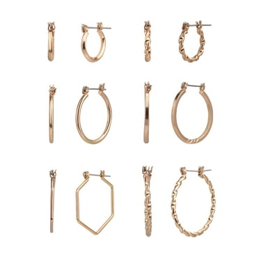 Time and Tru Adult Women's 6 Pair Gold Tone Metal Hoop Earring Set