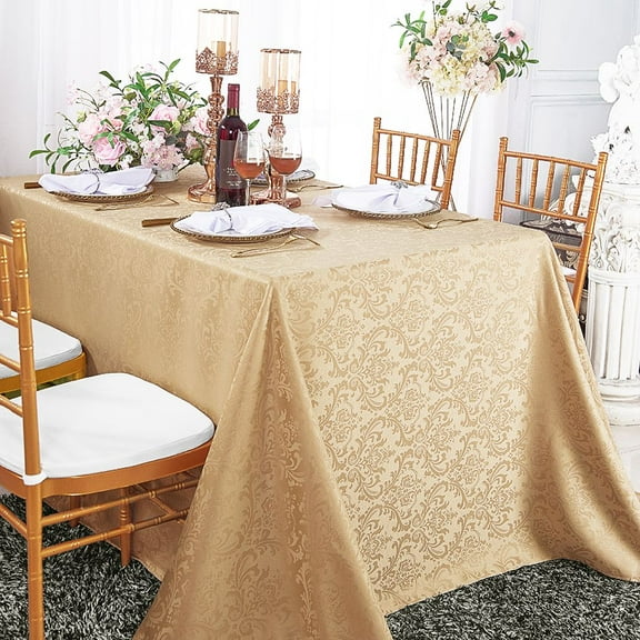 Wedding Linens Inc. 90" x 132'' Rectangular Jacquard Damask Polyester Tablecloth Table cover linen - Champagne