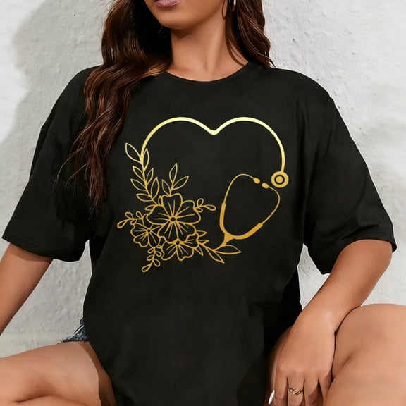 100% Cotton Unisex Nurse Shirts for Women School Nurse Stethoscope Heart Print Tshirt Nursing Week Tee Tops