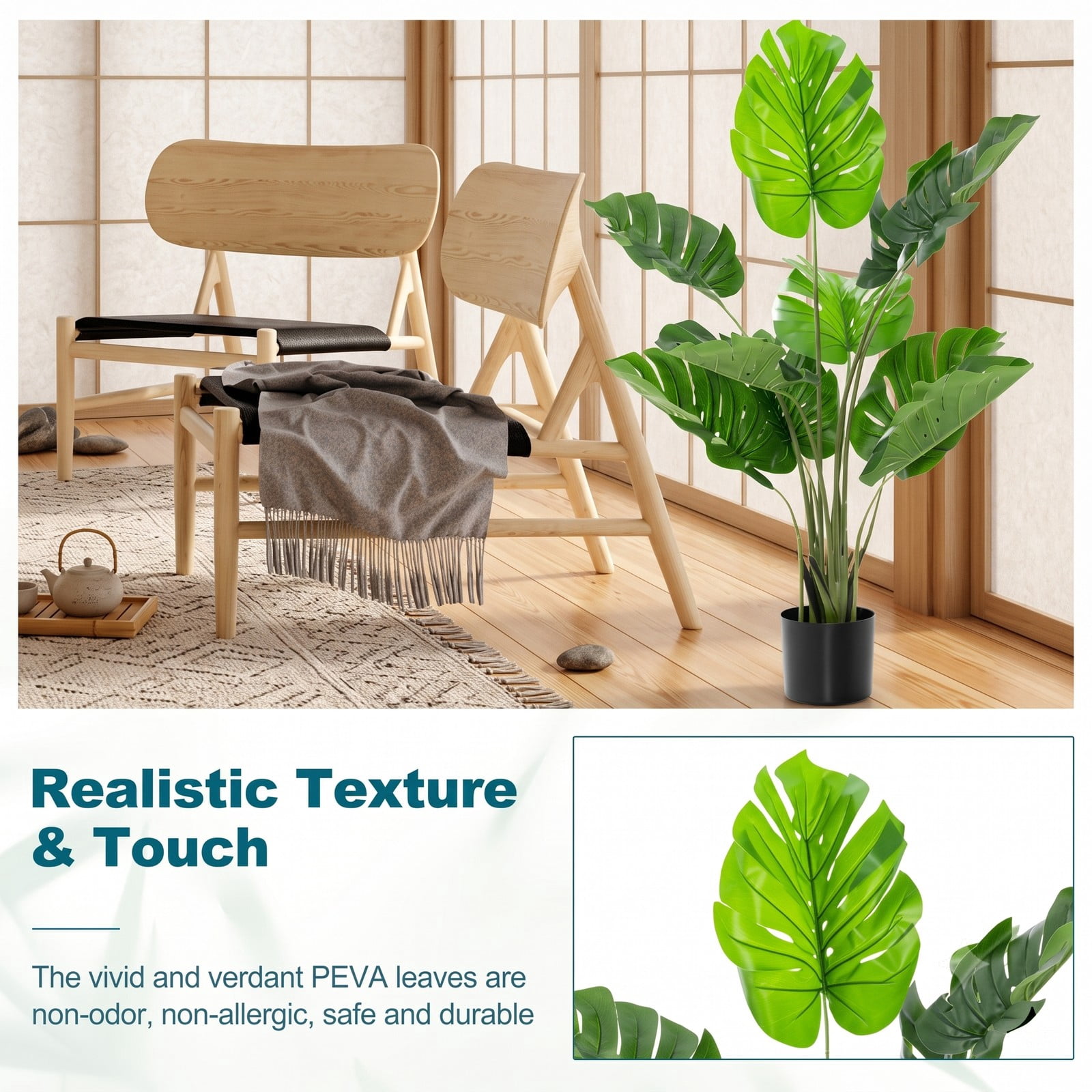 ALPULON 4 Feet Artificial Monstera Deliciosa Tree with 10 Different-Sized Leaves, Faux Tropical Plant with Cement-Filled Pot for Indoor Outdoor Home Office Decor, Green