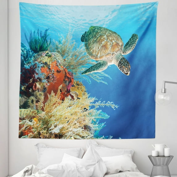 Underwater Tapestry, Colorful Underwater Animal Swimming Among the Coral Reef Scenic Exotic View, Fabric Wall Hanging Decor for Bedroom Living Room Dorm, 5 Sizes, Multicolor, by Ambesonne