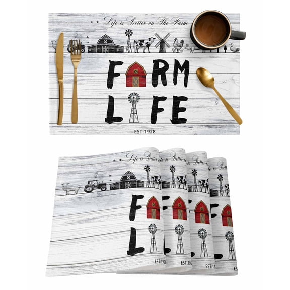 Farm Life Placemats Set of 2 Farmhouse Barn Cow Chicken Pig Wood Grain Heat Insulation Washable Place Mats, Rustic Non-Slip Table Mats for Dining Table Party Kitchen Decor,13x19 Inch