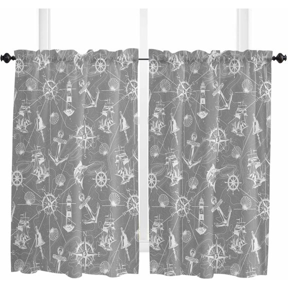 Gray Nautical Short Curtains 54 Inch Length - 2 Panels, Rod Pocket Curtain Panels, Retro Coastal Ocean Sea Boat Window Treatment for Bedroom/Kitchen/Bathroom Small Windows, 42W x 54L Inch