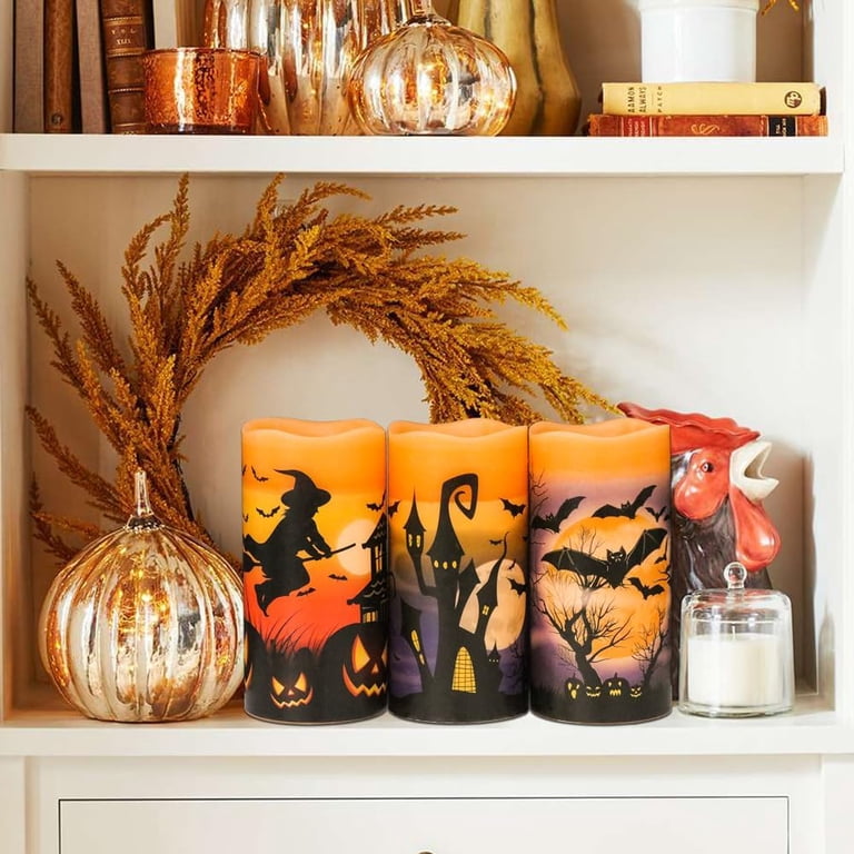 DRomance Set Of 3 Flameless Flickering Candles - Real Wax LED Pillar Candles With Halloween Decals & 6-Hour Timer