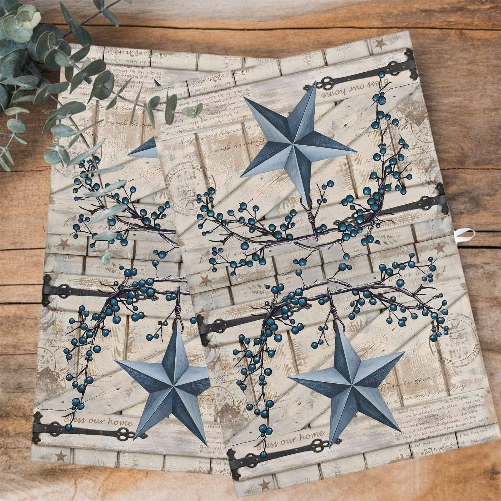 Texas Star Vintage Kitchen Towels Set of 2, Water Absorbent Dish Towel, Retro Navy Blue Berry Wooden Decorative Hand Towels - Quick Drying Cloth for Cooking Baking, 18x28 Inch