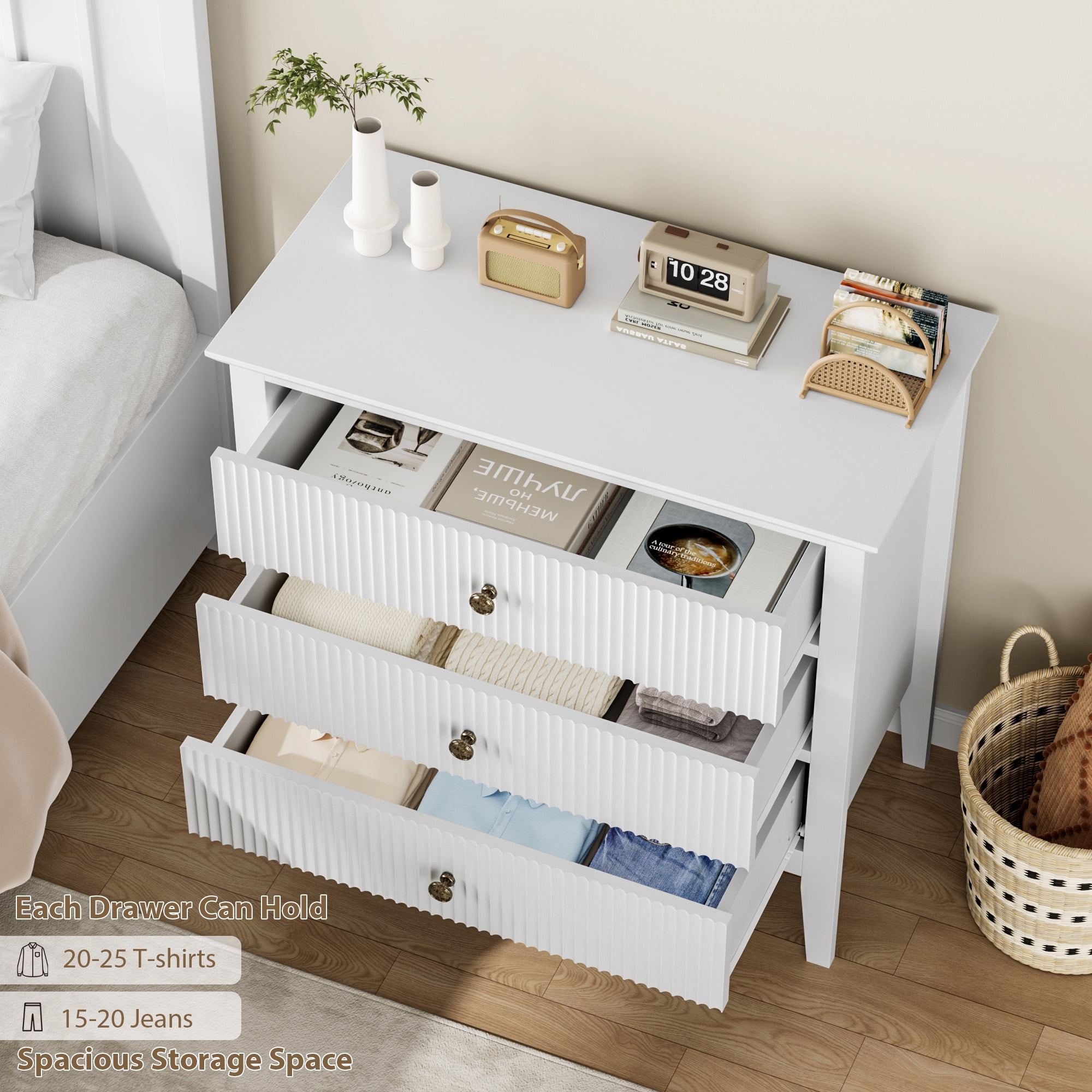 White Fluted 3 Drawer Dresser - 31.5 Wide Modern Wood Chest - Large bedside table Space-Saving Storage Cabinet with Metal Handles - Bedroom Living Room Hallway Entryway - Color: White
