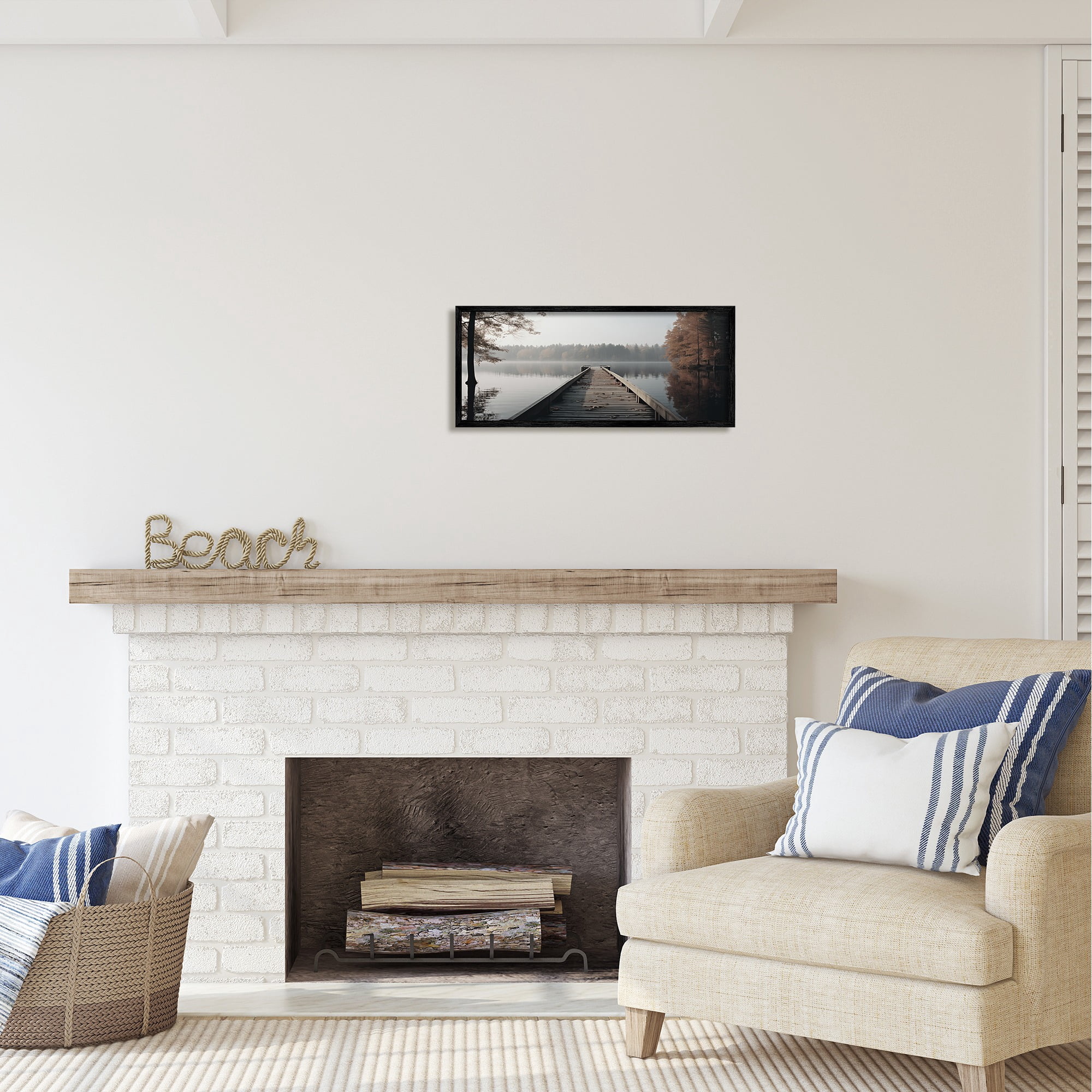 Stupell Industries Woodland Lake Dock Landscape Photography Black Framed Art Print Wall Art, 24 x 10