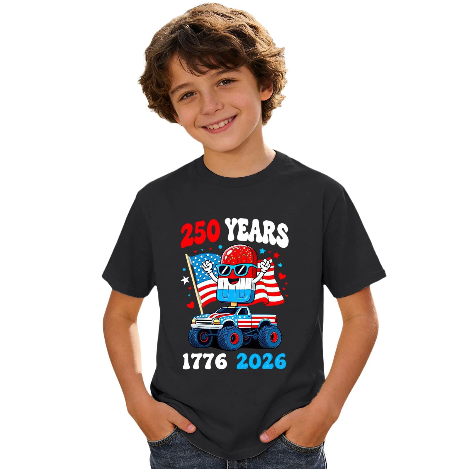 Luvior Kids 250th Anniversary Graphic Tee &ndash; Patriotic Print Short Sleeve Crewneck T-Shirt for Boys and Girls Lightweight Summer Top Black 110