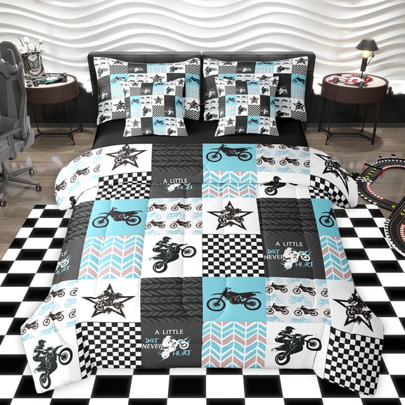 Feelyou Extreme Motorcycle Sport Bedding Comforter Set 7 Pieces, Stripes Checkered Buffalo Full Bedding Set, Teens Kids Boys Girls Reversible Fitted Sheet Flat Sheet, Super Cozy Room Decor