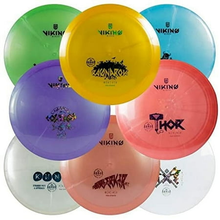 Viking Discs 8-Disc Disc Golf Set - Durable Premium Armor Plastic - Disc Golf Putters Disc Golf Drivers & Other Disc Golf Discs for All Skill Levels (Pack of 8)
