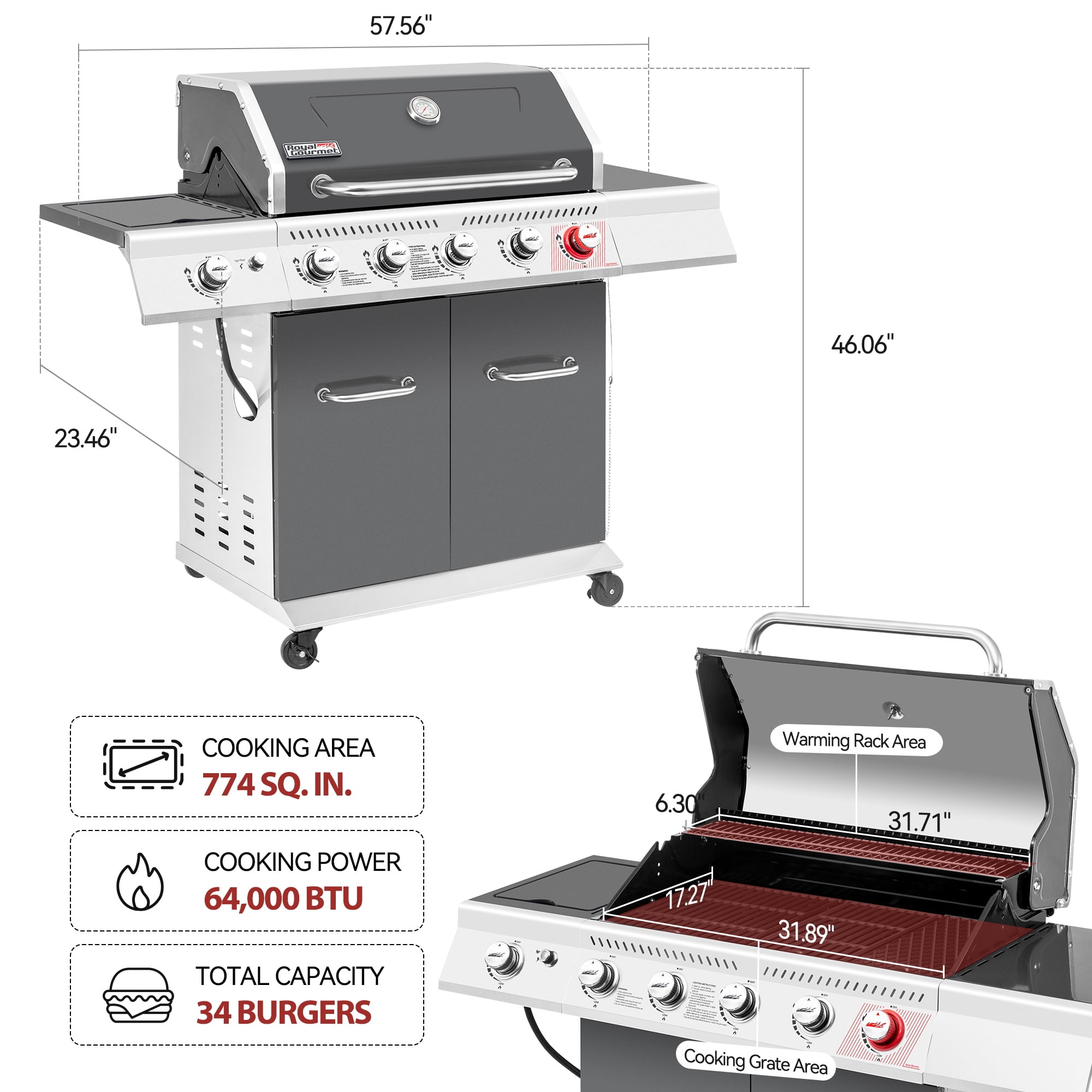 Royal Gourmet GA5404G Deluxe 5-Burner Gas Grill with Sear Burner and Side Burner, 64,000 BTU Cabinet Style Gas Grill, Gray