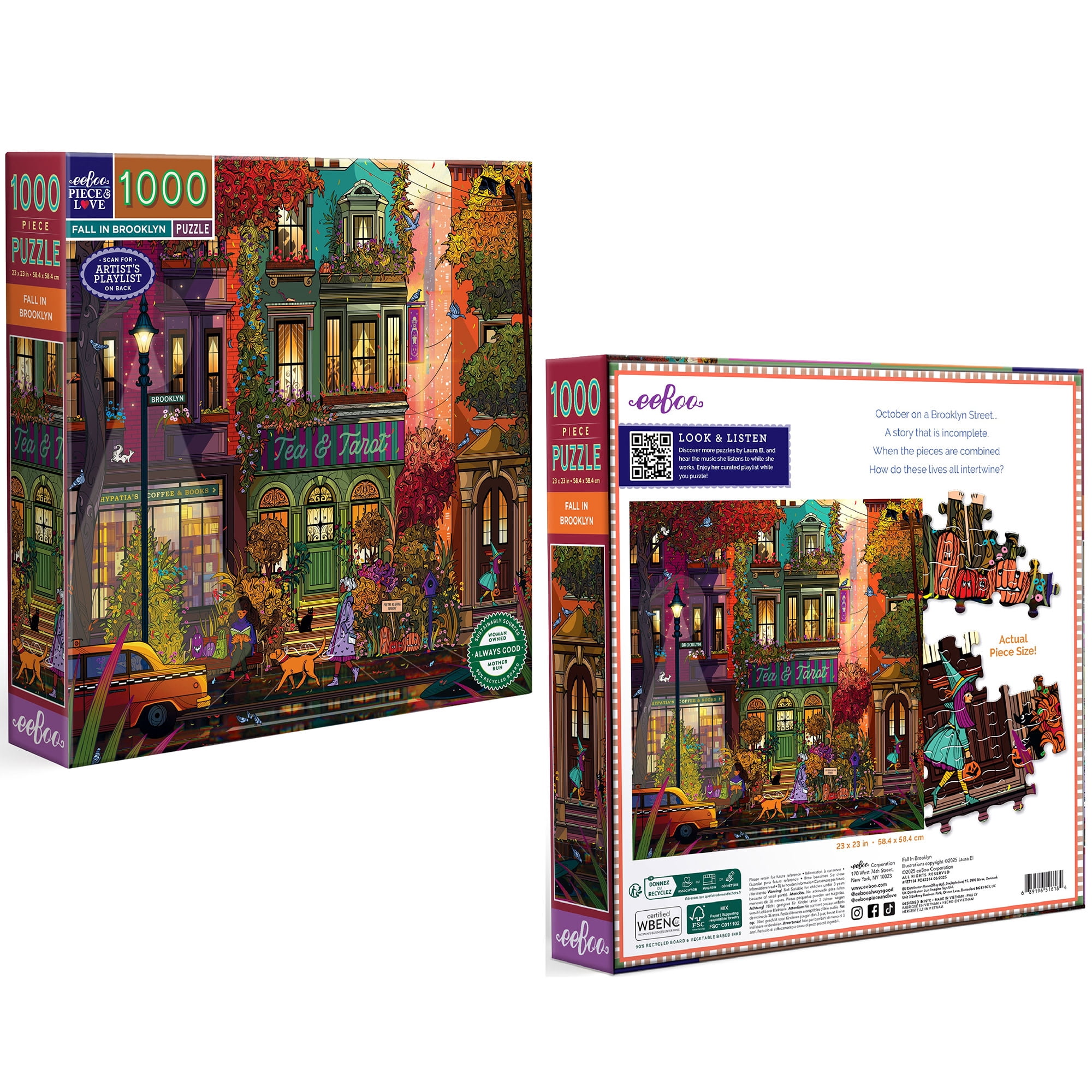 eeBoo Piece & Love: Fall In Brooklyn - 1000 Piece Puzzle - Square Adult Jigsaw, Laura El's Autumn Twilight City Street Scene, Eco-Friendly, Playlist