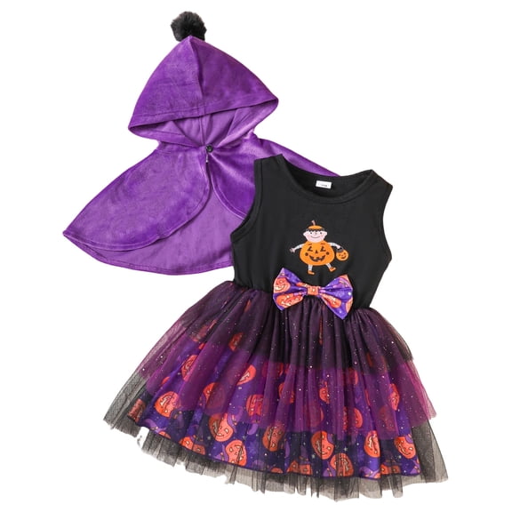Ugoldhm Girls' Halloween Color-Blocked Long-Sleeve Tulle Puffy Dress, Princess Dress for Kids' Holiday Parties